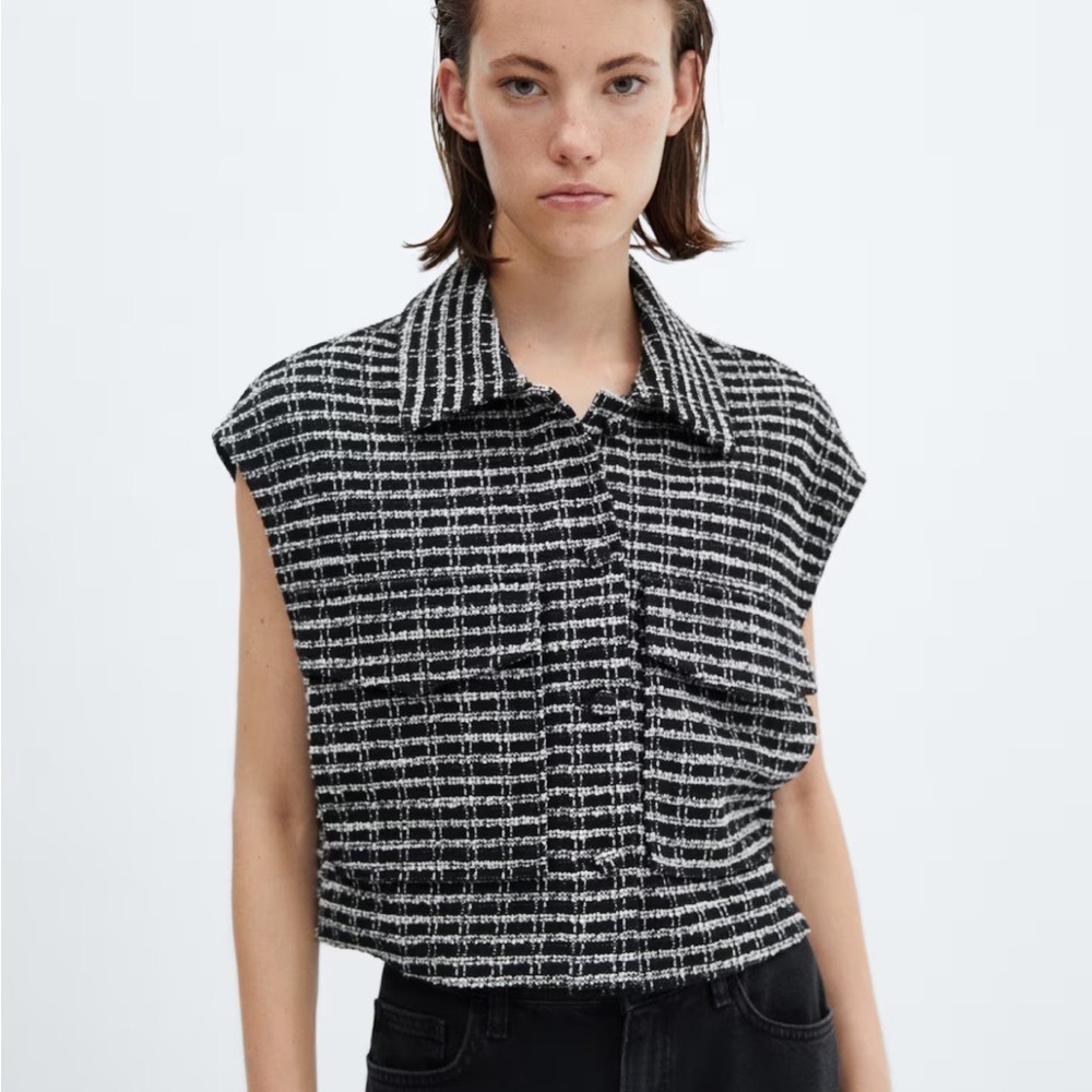 Mango Oversized Black & White Tweed Collared Vest Size Medium